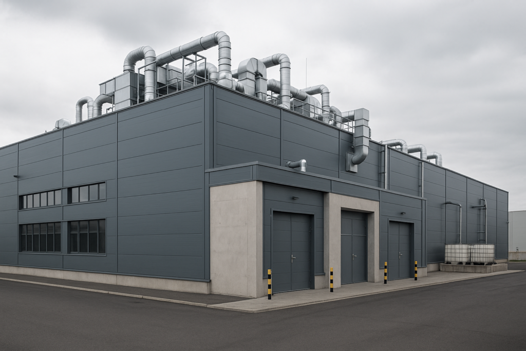Hala produkcyjna dla przemysłu chemicznego — widok zewnętrzny obiektu z systemem wentylacji i instalacjami przeciwwybuchowymi